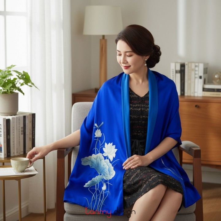 Cobalt blue silk scarf hand-embroidered with lotus 40*200 cm-Different models